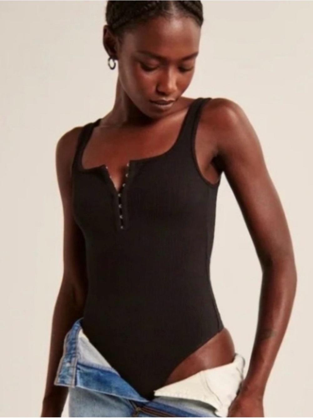 Abercrombie & Fitch Black Ribbed Snap-Front Tank Bodysuit